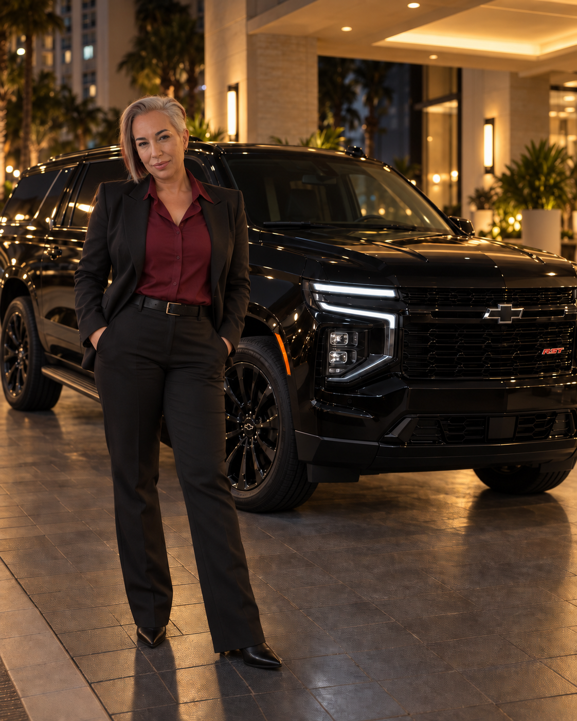 Marina con chaqueta negra y camisa de cuello burgundy junto a su Suburban RST 2025, de noche